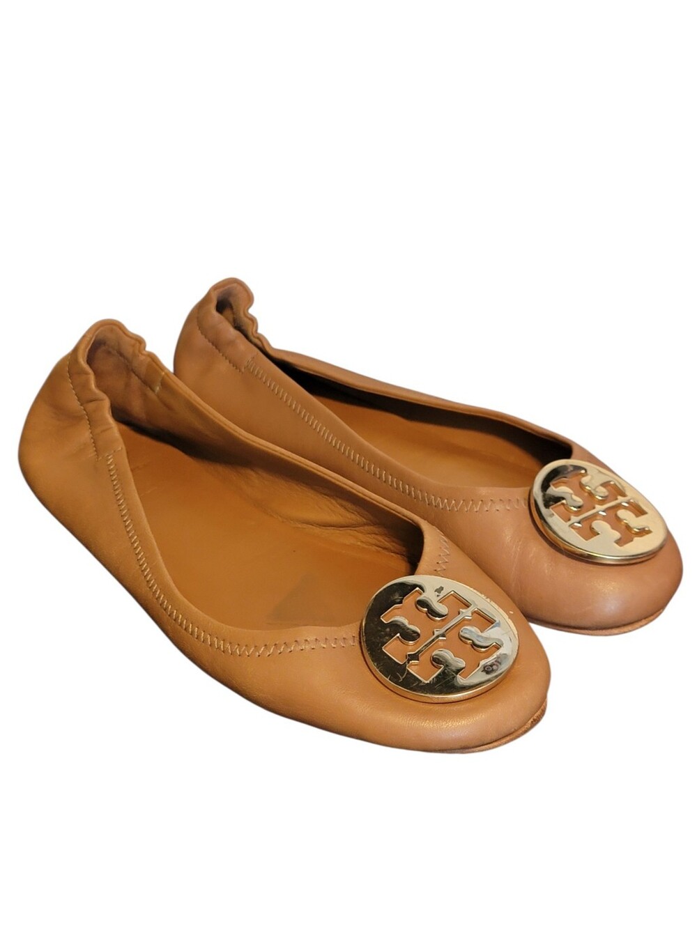 TORY BURCH Tan Leather Reva Ballet Flats Gold Logo 7.5